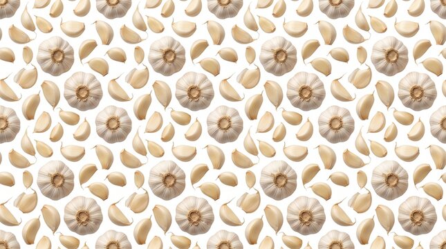 Garlic bulbs and cloves are arranged in a repeating pattern on a white background, creating a visually appealing food texture.