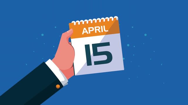 Business hand holding calendar with april 15 tax day date animation against blue background showing deadline.