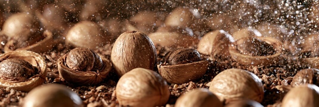 Close-up of cracked walnuts and whole walnuts with sparkling dust falling, macro photography
