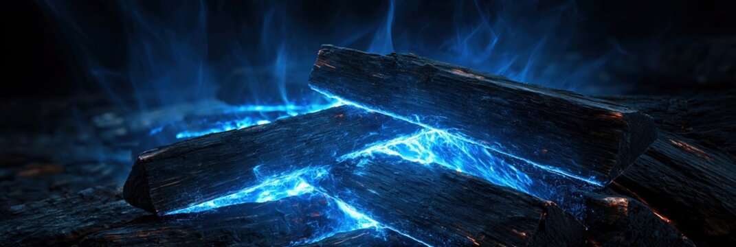 Close-up of glowing blue fire and dark wood logs in a fireplace