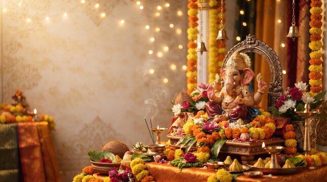 Ganesh Chaturthi Festive Background with Ganesha Idol and Warm Bokeh Lights &ndash; Puja Celebration Scene