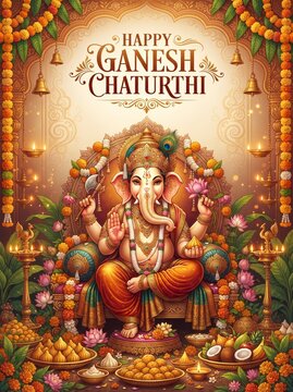 Ganesh Chaturthi Festive Altar with Ganesha Idol, Flowers and Diyas &ndash; Hindu Puja Decoration Background