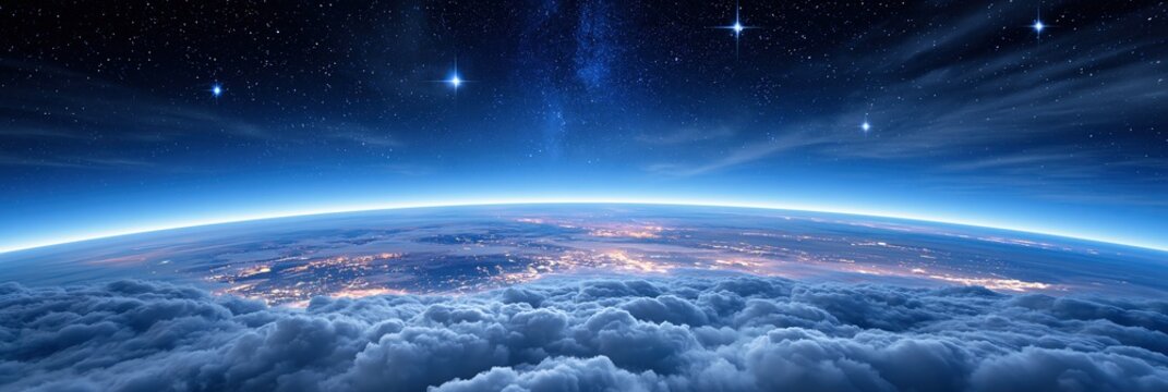 Earth from space above clouds, lit by city lights and stars in the night sky.