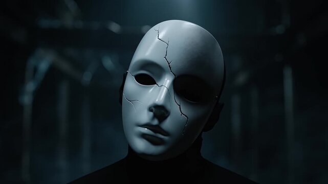 Creepy cracked white mask with hollow black eyes slowly tilting in darkness, eerie halloween horror figure for nightmare supernatural fear and sinister motion video