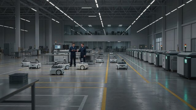 Automated factory floor with AG Vs and technicians
