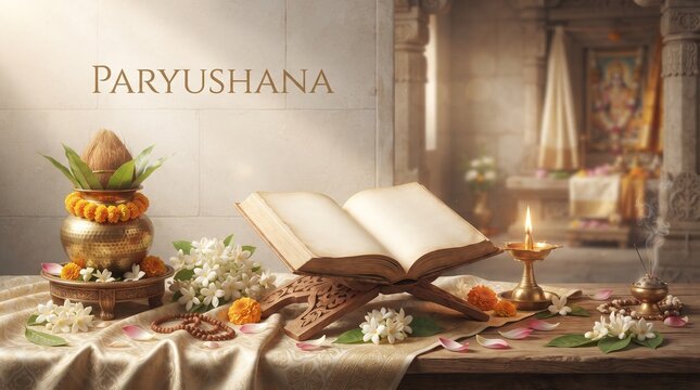 Paryushana Festival Spiritual Prayer Setting with Holy Book &ndash; Jain Religious Observance Illustration