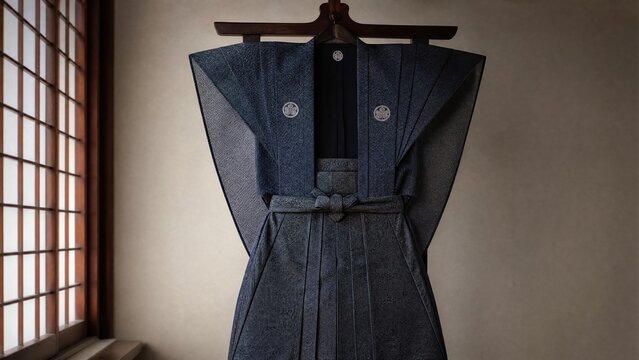 A formal Japanese kamishimo garment hanging on a hanger. 