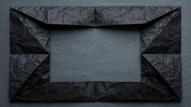 Black textured paper origami frame showcases a dark, textured background