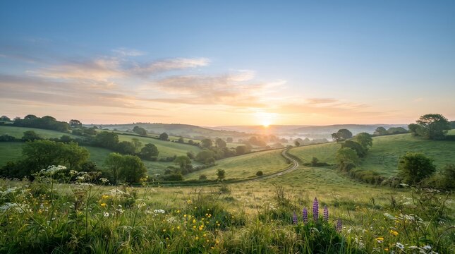  Sunrise Over Green Hills Landscape &ndash; Peaceful Countryside Morning Background for Nature and Travel Design