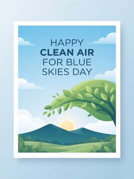Clean Air for Blue Skies Day Minimal Poster Design &ndash; Green Hills Illustration for Environmental Awareness