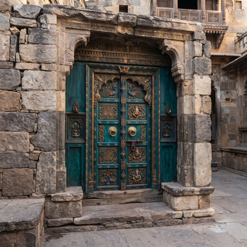 Ornate turquoise carved wooden door set in stone facade.