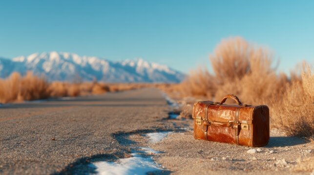 A weathered leather suitcase sits alone on an empty road, surrounded by nature, symbolizing adventure and nostalgia for journeys and stories untold.