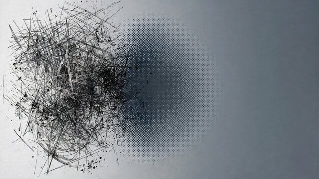 Abstract grey background with a chaotic dark scribble dissolving into a gradient