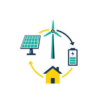 A solar panel and a wind turbine connected by a circular power line to a house and a battery storage unit, representing a self-sustaining energy loop. High-tech clean mood. Palette: yellow,