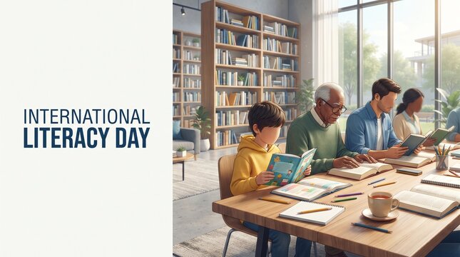 International Literacy Day concept showing diverse learners reading books together in a modern library and educational environment