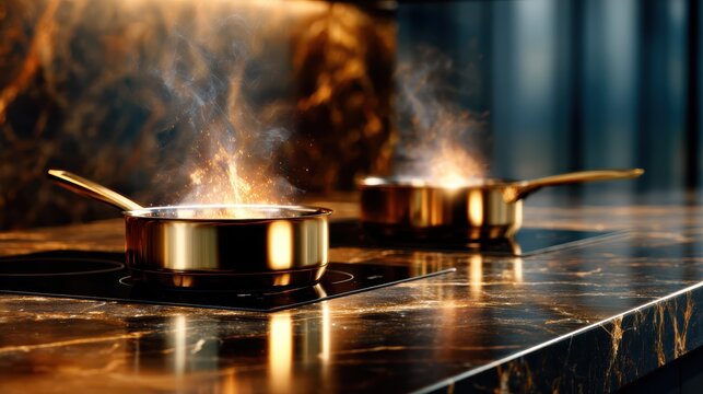 Two pots simmer over a sleek kitchen stove, releasing steam and the aroma of cooking, symbolizing culinary creativity and the joy of preparing delicious meals.
