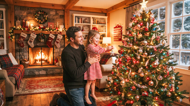 Un padre ayuda a su hija peque&ntilde;a a colocar una esfera en el &aacute;rbol de Navidad decorado en un c&aacute;lido y festivo sal&oacute;n con chimenea encendida.