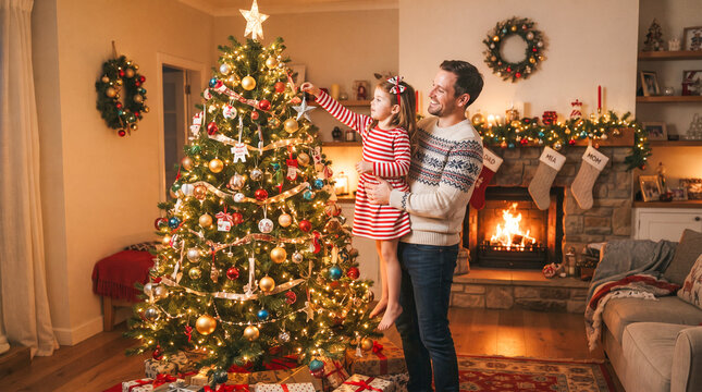 Un padre ayuda a su hija peque&ntilde;a a colocar una esfera en el &aacute;rbol de Navidad decorado en un c&aacute;lido y festivo sal&oacute;n con chimenea encendida.