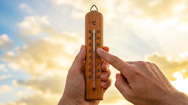 Realistic hand holding thermometer JPG with celsius scale, red liquid indicator, isolated on sunny sky background for weather and temperature design