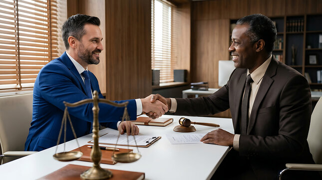 Diverse businessmen shaking hands across desk with legal scales and gavel in law office