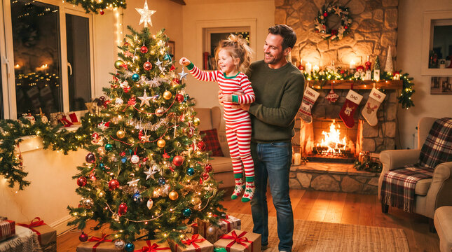 Un padre ayuda a su hija peque&ntilde;a a colocar una esfera en el &aacute;rbol de Navidad decorado en un c&aacute;lido y festivo sal&oacute;n con chimenea encendida.