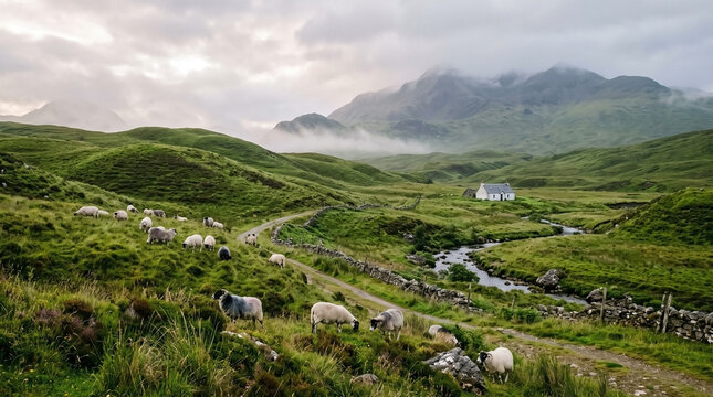 Highland valley scene features green hills with sheep Ovis aries grazing in fog. Soft morning light illuminates highland valley with stone walls and house. Serene highland valley for rural branding.