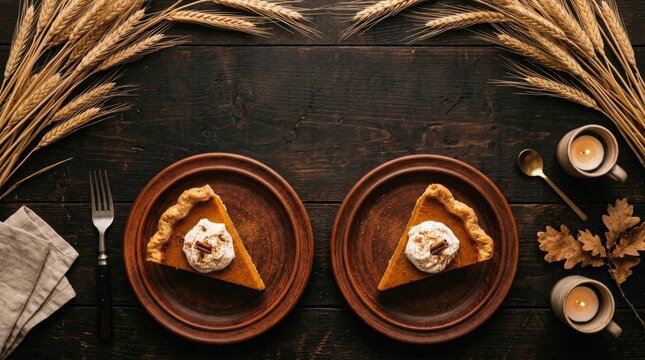 Two slices of delicious pumpkin pie with whipped cream served on rustic plates for a traditional thanksgiving holiday dinner celebration