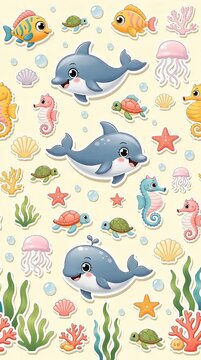 Cute Glossy Seamless Ocean Animals and Sea Life Pattern