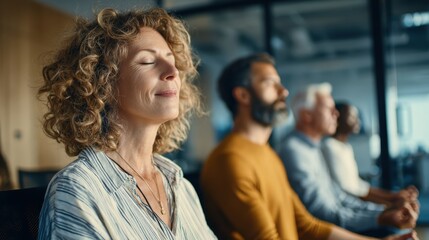 Fototapeta premium Multigenerational employees practicing guided meditation together in a modern office during a workplace wellness session. Mindfulness, stress management, mental wellbeing and healthy work culture.