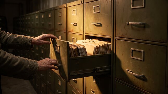 Close-up of hands opening a vintage metal filing cabinet in a dark archive room, searching for historical documents and old paper records