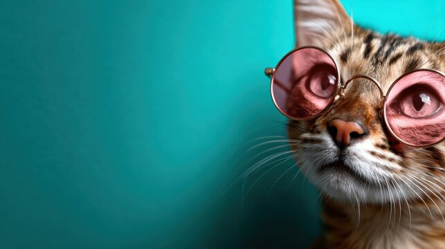 A stylish cat sporting pink round sunglasses against a vibrant turquoise background, embodying an attitude of coolness and whimsy, perfect for playful pet-themed content.