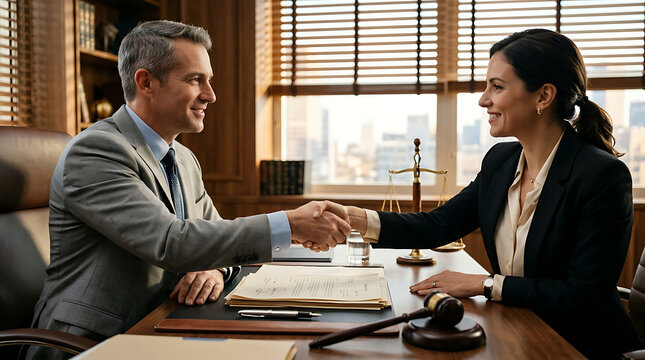 Professional lawyer and businesswoman shaking hands across a wooden desk in a law office