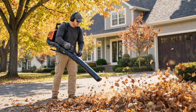 Landscaper using leaf blower to clear fallen autumn leaves from residential driveway in fall season