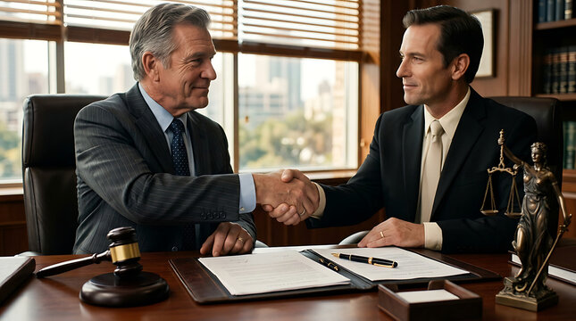 Two professional lawyers shaking hands across a wooden desk in a law office with scales of justice