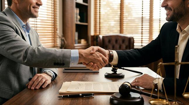 Close up of two businessmen shaking hands over a contract on a desk in a law office with businessmen