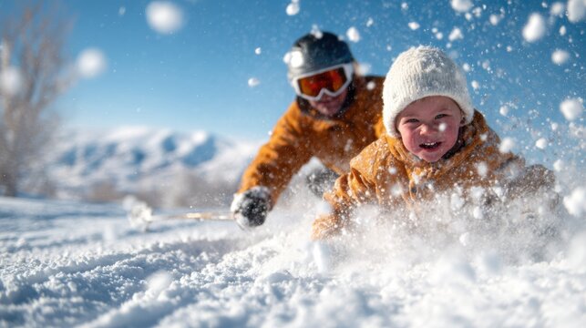 A father and young child share a joyful moment in the snow, surrounded by winter wonders, as they create lasting memories while engaging in fun-filled outdoor activities.