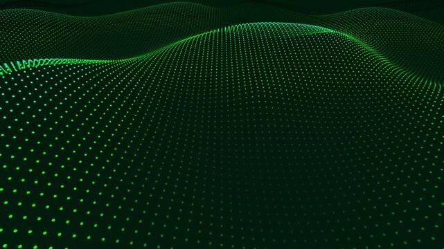 Green digital wave with glowing data points and particles creating a futuristic abstract tech background
