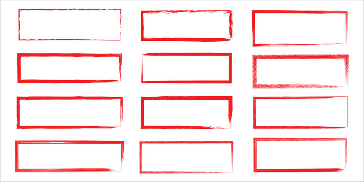 A grid of twelve rectangular red frames arranged in three columns on a plain white background
