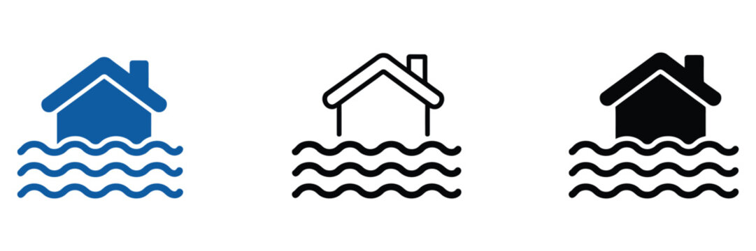 Flooded house icon set, flood risk, water damage, disaster, protection, insurance, emergency, safety, home, disaster management, multicolor, filled, outline, editable vector.