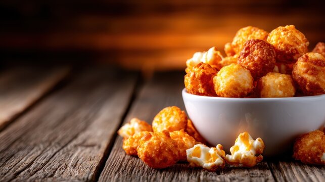 A bowl of popcorn spills onto a rustic wooden table, showcasing an inviting snack that's perfect for movie nights and casual gatherings, bringing warmth and flavor.