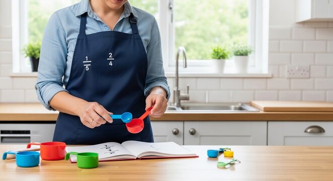 Teacher demonstrating fractions using measuring cups and spoons in a kitchen setting for educational purposes