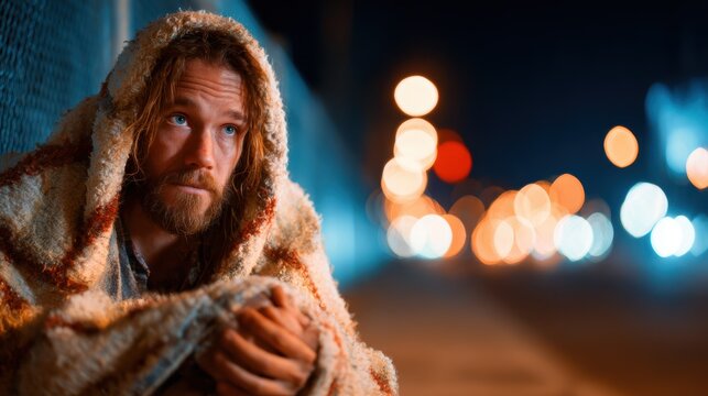 A poignant image of a homeless man wrapped in a blanket, gazing thoughtfully into the distance, capturing the struggles of urban life and the resilience of the human spirit at night.