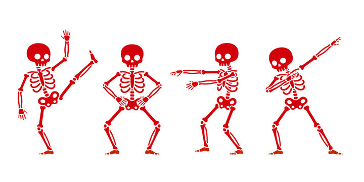 Set of four cartoon skeletons performing various funny dance moves isolated on a white background