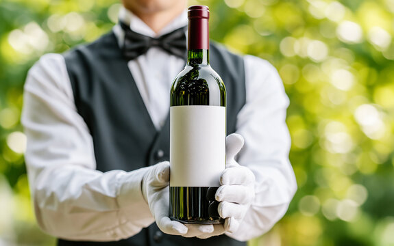 Waiter in white gloves holding bottle of red wine with blank label