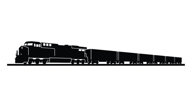 A black train with multiple cars is depicted as a flat silhouette