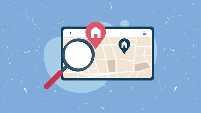 House search motion graphic with map and magnifier, real estate concept footage showing property location and residential areas on a digital tablet.