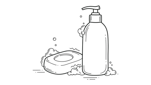 Black and white line art of liquid soap dispenser and bar soap