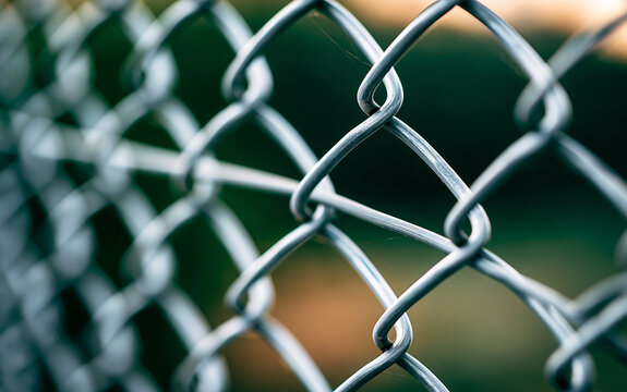 Close up of metal chain link fence with blurred green background