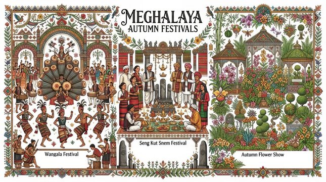 Meghalaya Autumn Festivals Featuring Wangala Festival and Seng Kut Snem Cultural Heritage Illustration