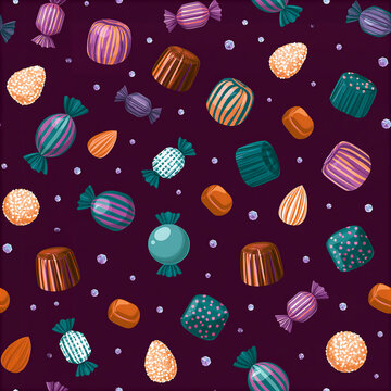 Birthday candy seamless pattern with colorful sweets and treats